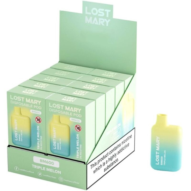 LOST MARY - (EXPOSITOR PROFESSIONAL PACK -10 UNIDADES) BM600 NICOTINE VAPER 2% DESCARTÁVEL TRIPLE MELÃO 1
