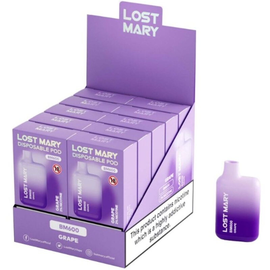 LOST MARY - (EXPOSITOR PROFESSIONAL PACK -10 UNIDADES) BM600 NICOTINE VAPER 2% UVA DESCARTÁVEL 1