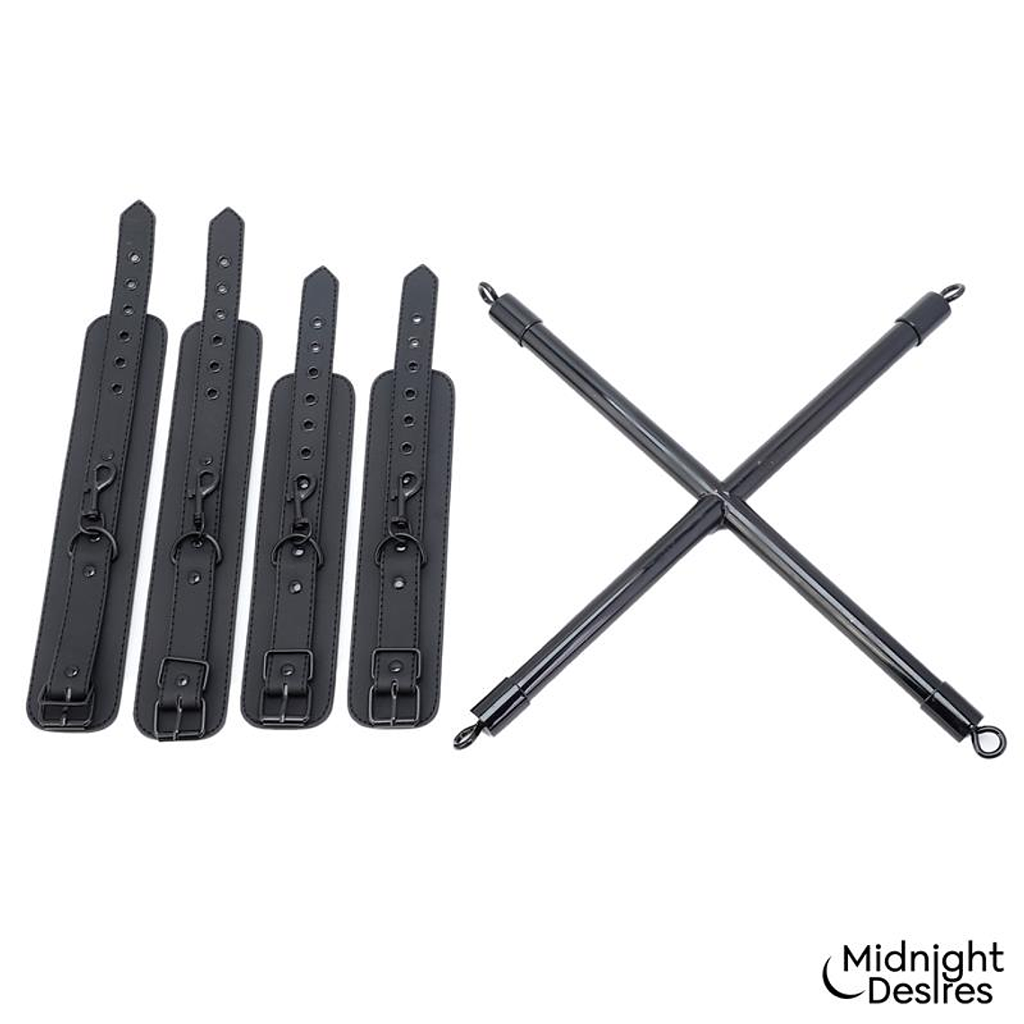 Barra Spreader em Cruz Midnight Desires | Algemas Ajustáveis Couro Vegano 2