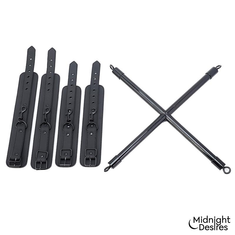 Barra Spreader em Cruz Midnight Desires | Algemas Ajustáveis Couro Vegano 2