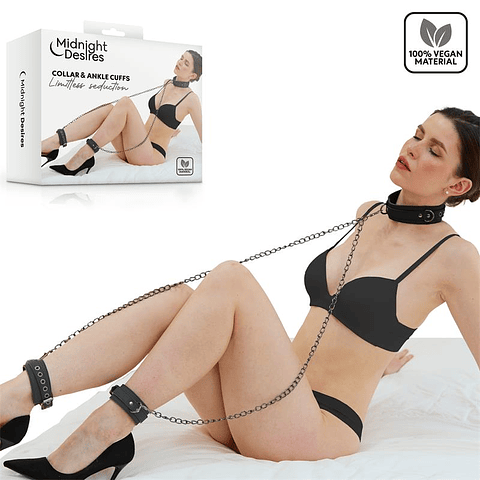 Coleira e Algemas com Corrente Midnight Desires | Couro Vegano Ajustável