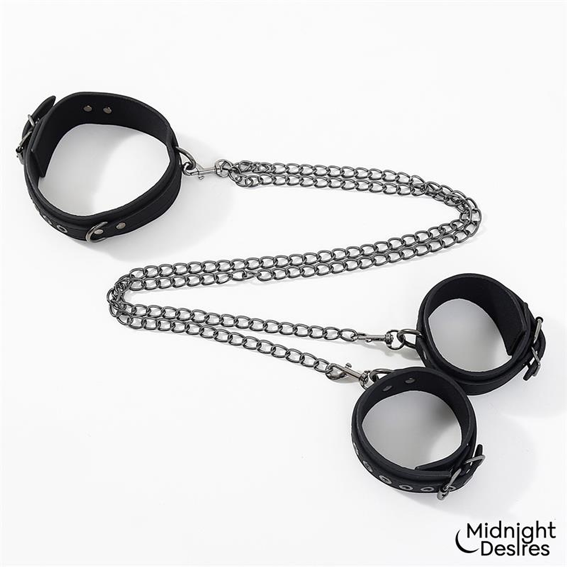Coleira e Algemas com Corrente Midnight Desires | Couro Vegano Ajustável 2