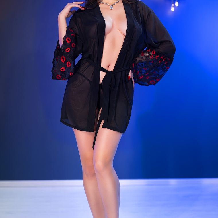Chilirose Transparent Robe CR-4882 | Soft Mesh with Lace and Thong 4