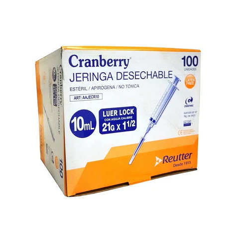 Jeringa 10ml Luer Lock 21G x 1 1/2" 100 Und - Cranberry