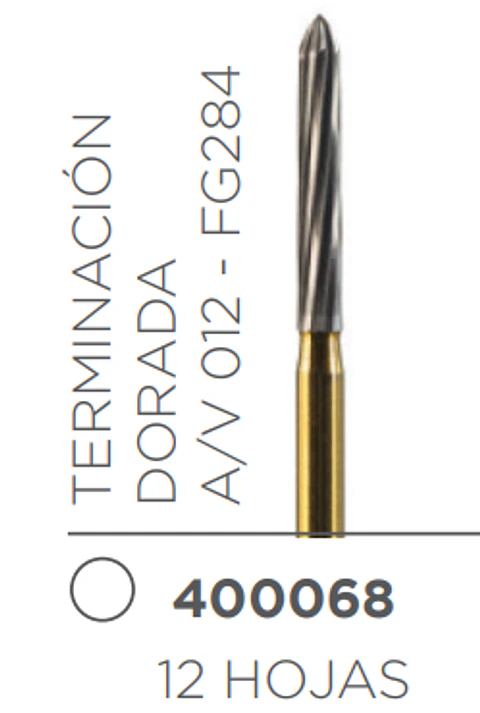 - FRESA CARBIDE PULIDO ALTA VELOCIDAD DE TALLO MEDIO TORPEDO TERMINACIóN DORADA A/V 014 FG284