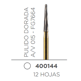 FRESA CARBIDE PULIDO ALTA VELOCIDAD DE TALLO MEDIO TRONCO-CONICA LARGA PULIDO DORADA A/V 015 FG7664