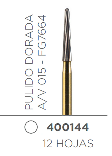 FRESA CARBIDE PULIDO ALTA VELOCIDAD DE TALLO MEDIO TRONCO-CONICA LARGA PULIDO DORADA A/V 015 FG7664