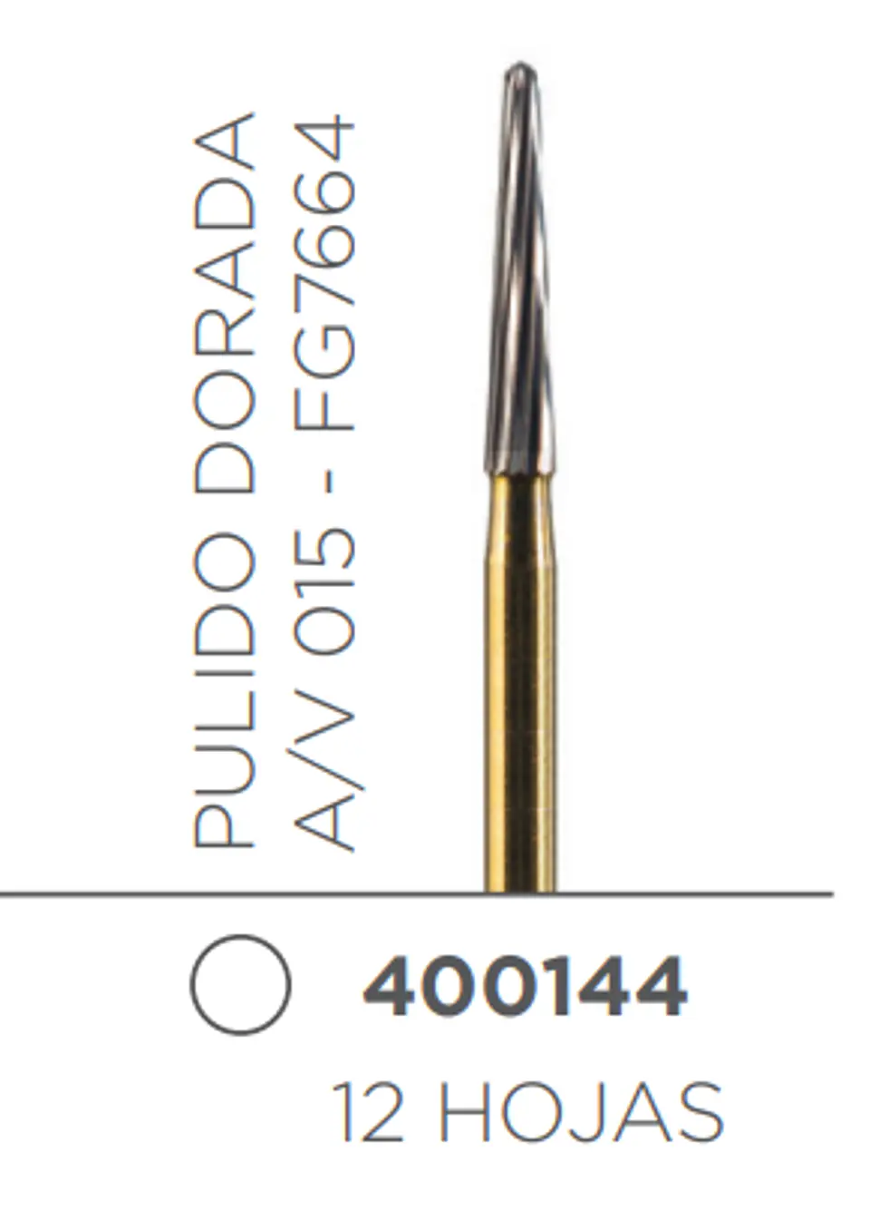 FRESA CARBIDE PULIDO ALTA VELOCIDAD DE TALLO MEDIO TRONCO-CONICA LARGA PULIDO DORADA A/V 015 FG7664 1