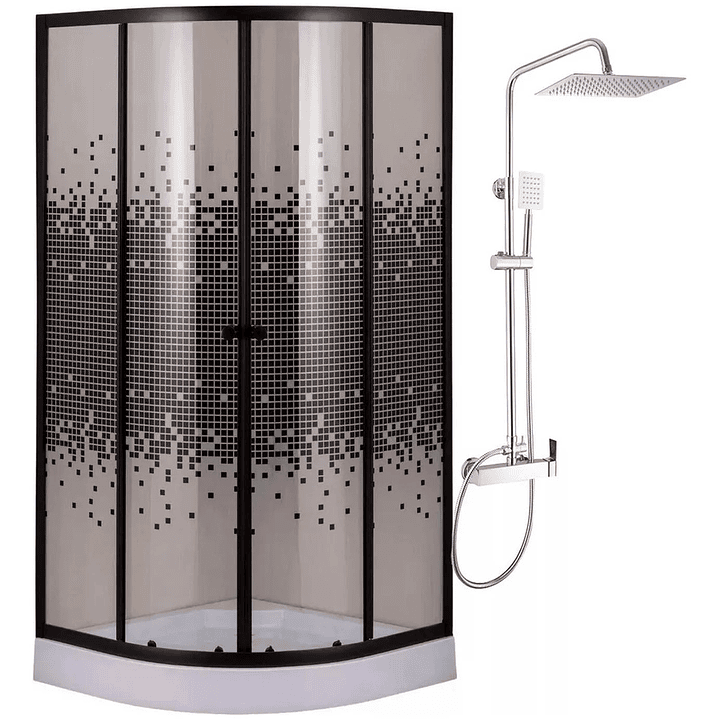 Shower Door 80x80x195 cm Curvo Mosaico Negro + Columna Ducha Rectangular 1