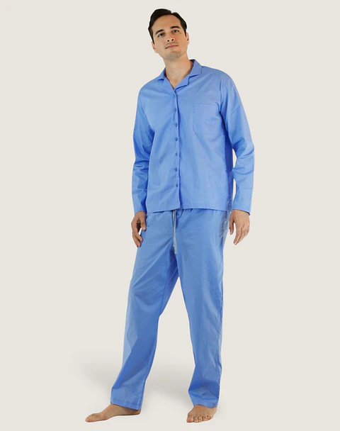 Camisa Pijama Hombre Algodón Celeste