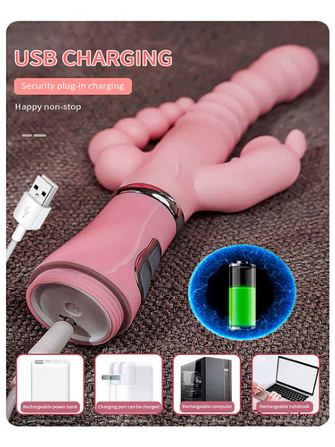 Consolador 3 En 1 Conejo Vibrador Impermeable Carga Usb 5