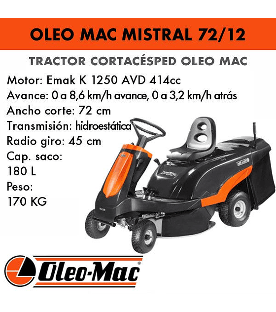 Tractor Relva Oleo Mac Mistral 72 12,5HP Arranque Eléctrico