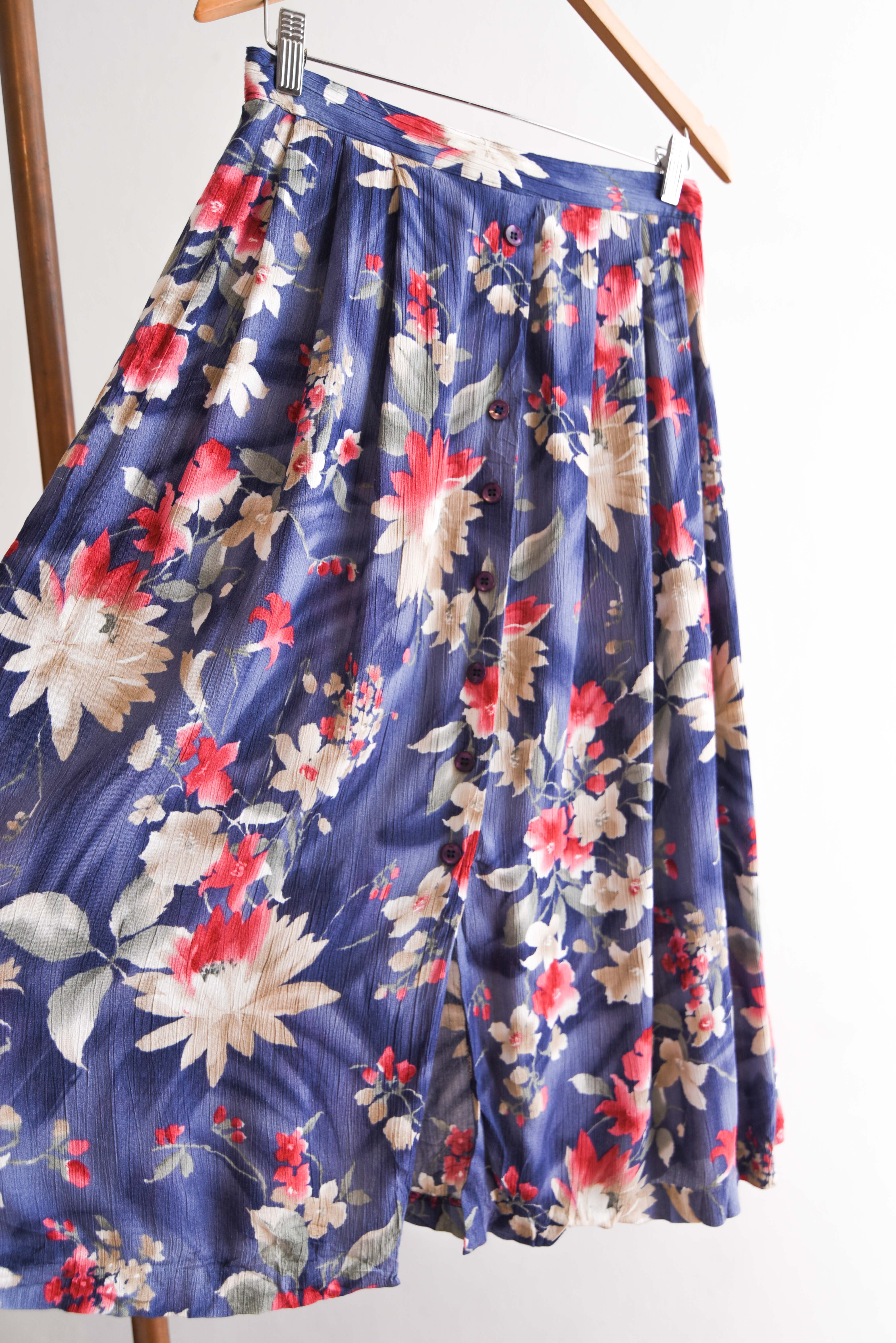 Falda bambula floral celeste vintage