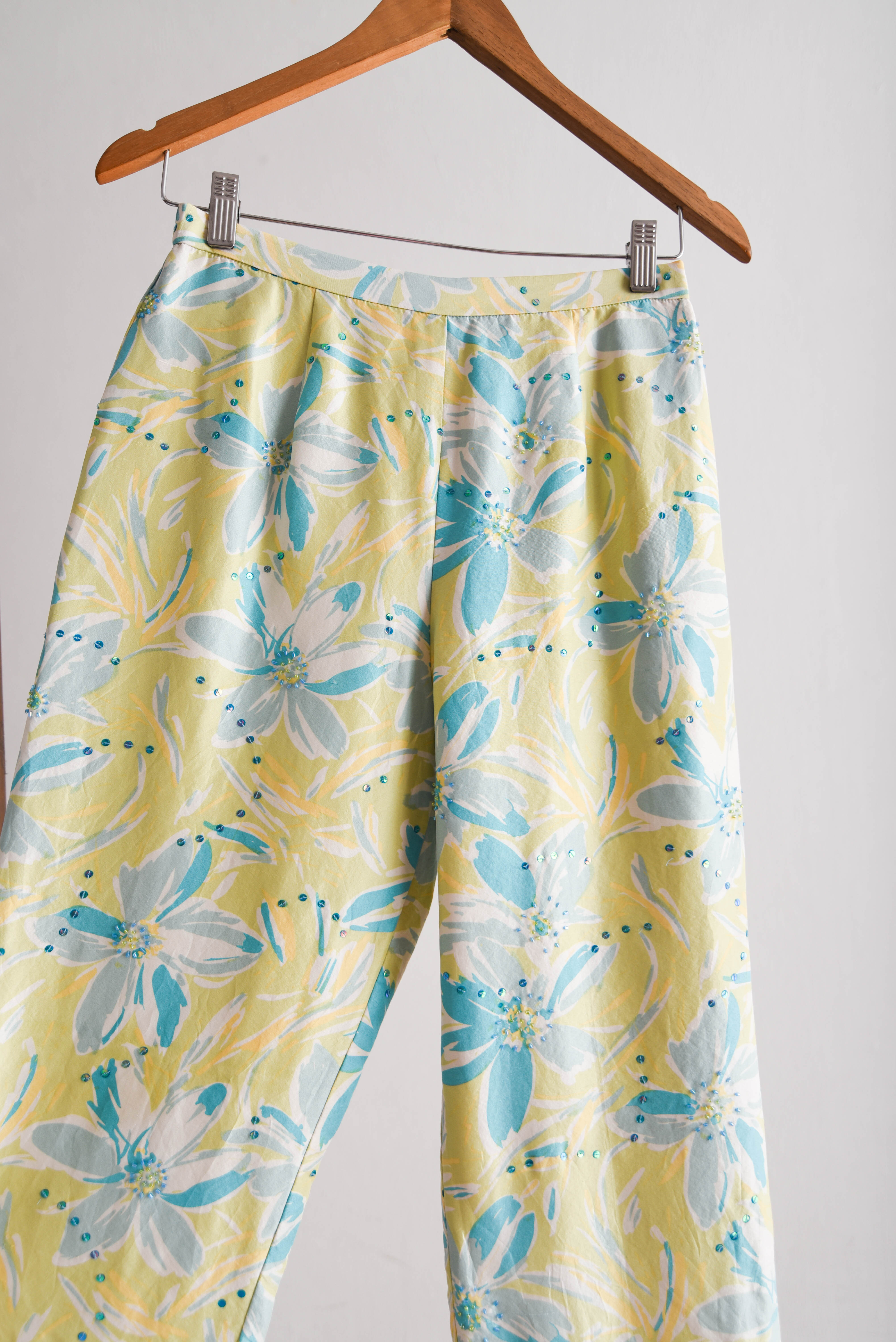 Pantalón verde y celeste seda