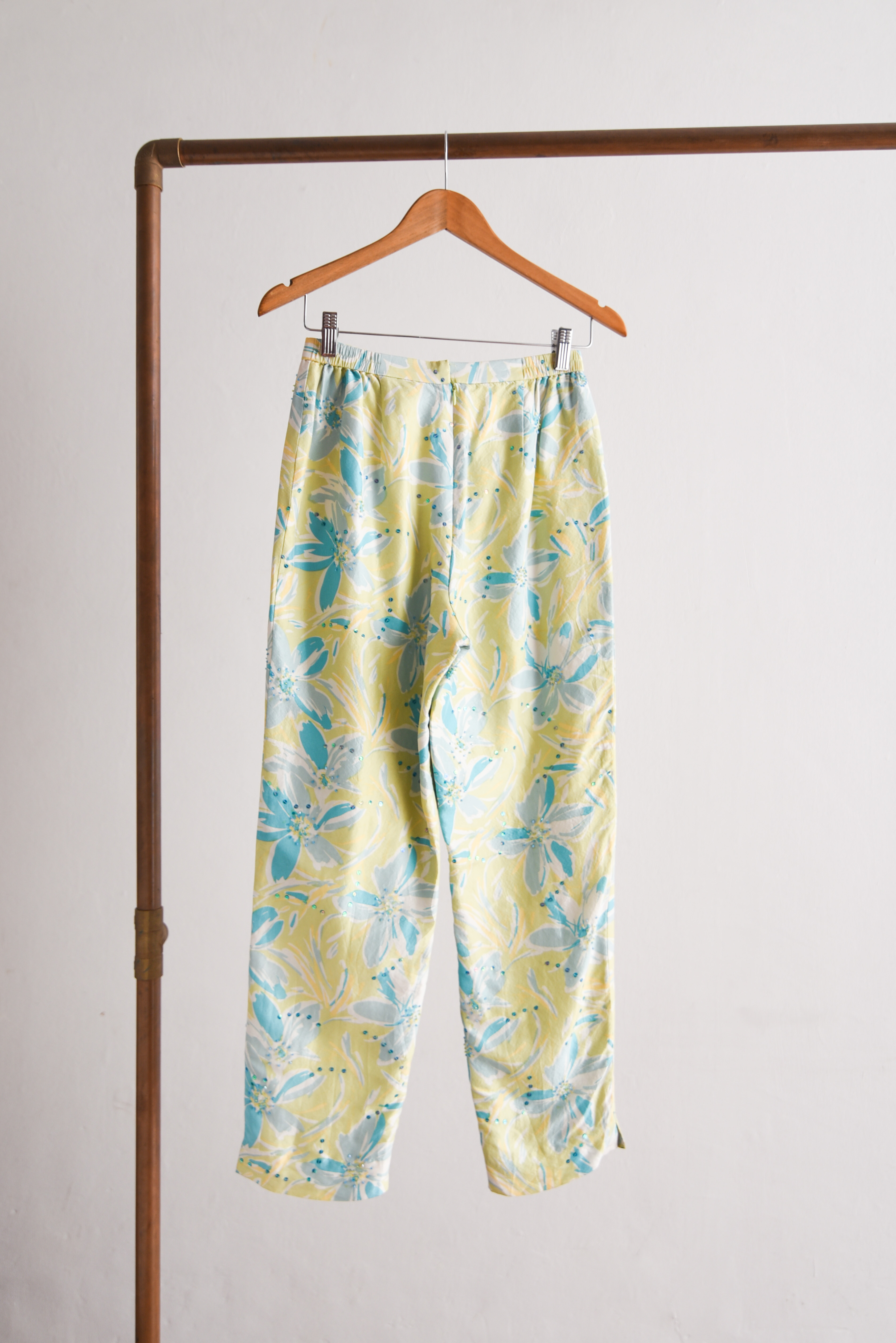 Pantalón verde y celeste seda