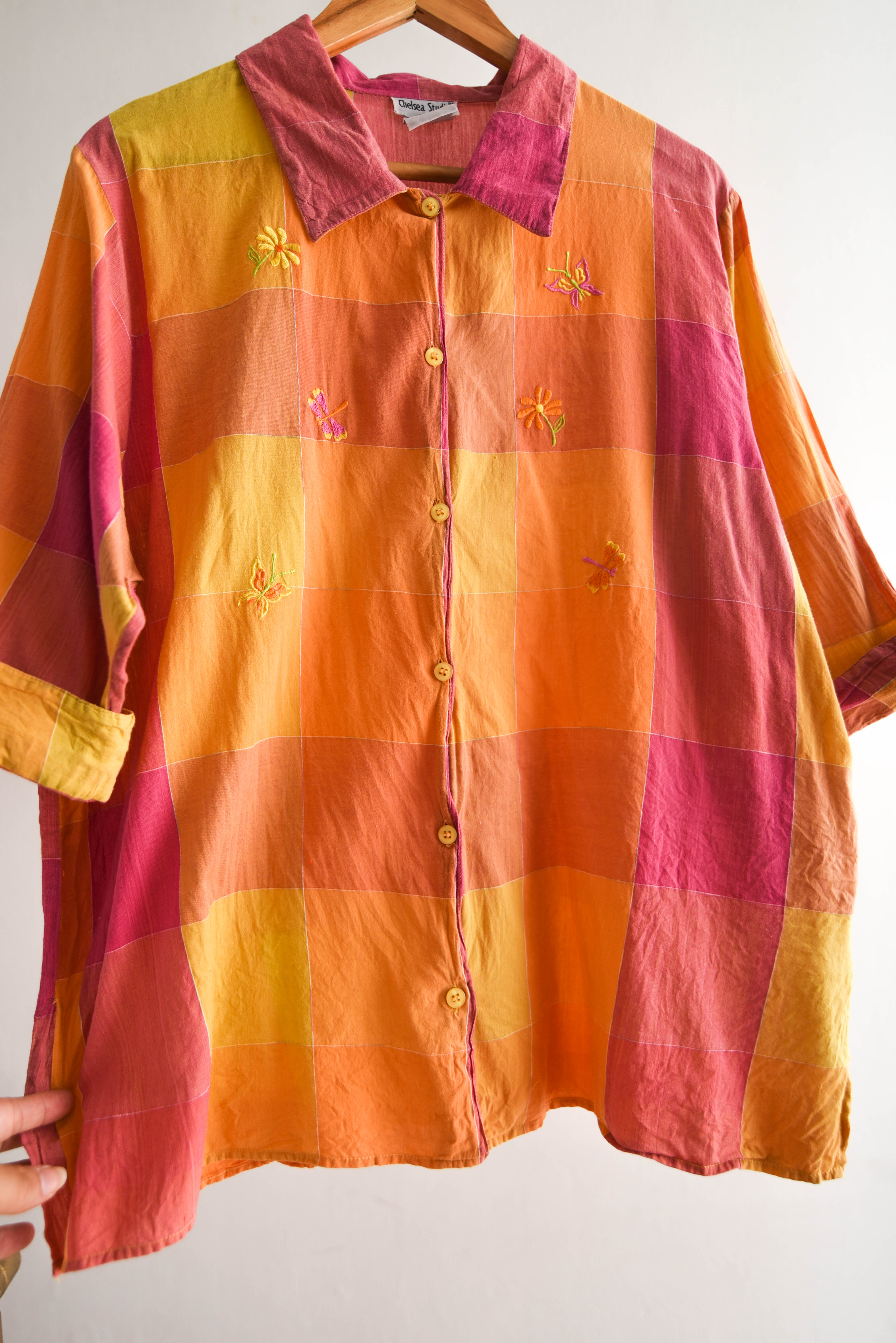 Camisa cuadros naranjo y rosa vntg