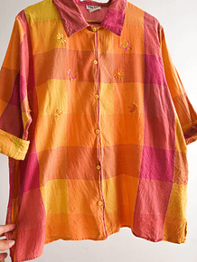 Camisa cuadros naranjo y rosa vntg