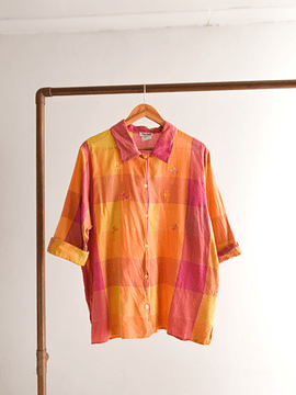Camisa cuadros naranjo y rosa vntg