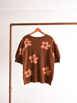 Chaleco café flores manga princesa