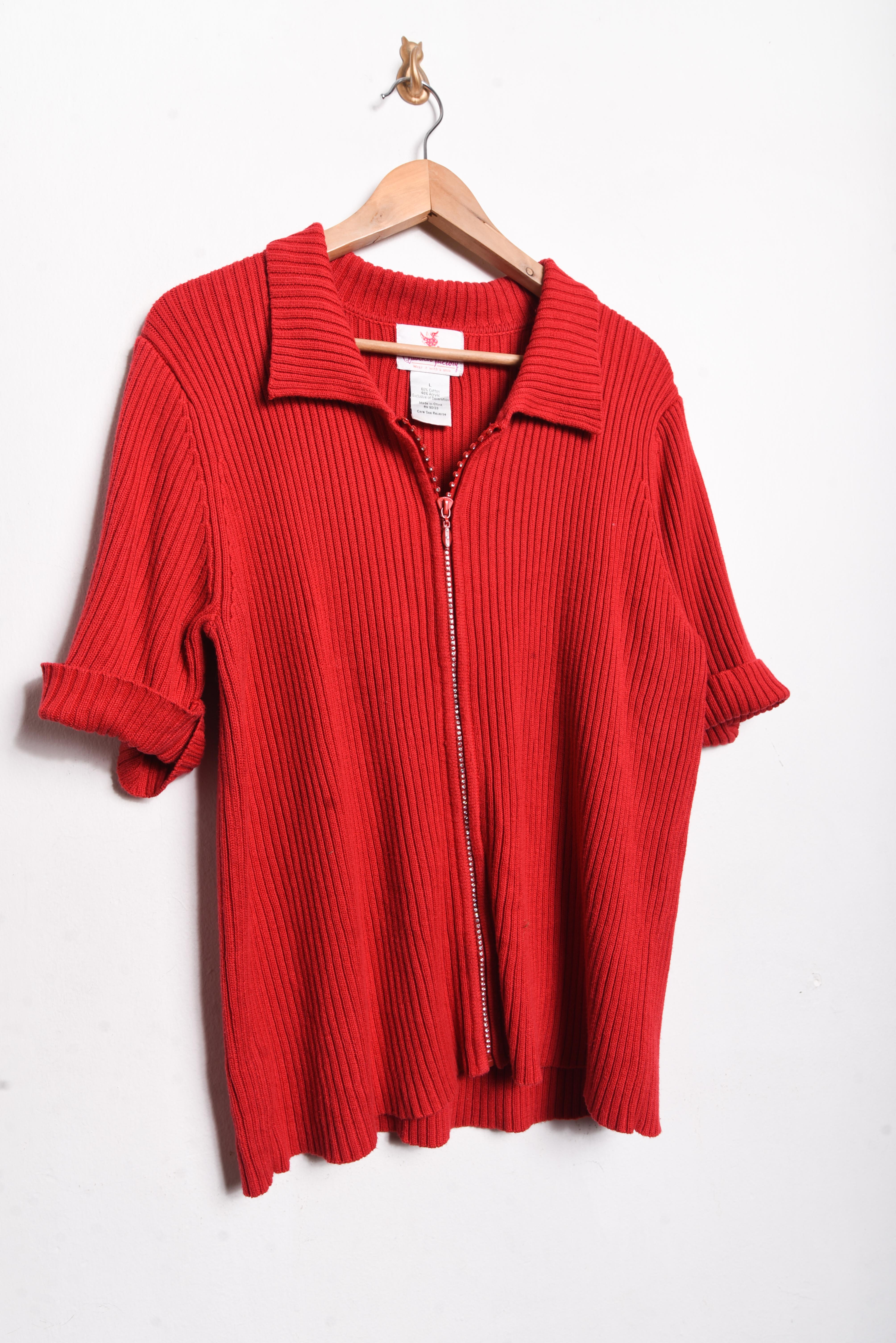 Top tejido rojo acanalado brillos