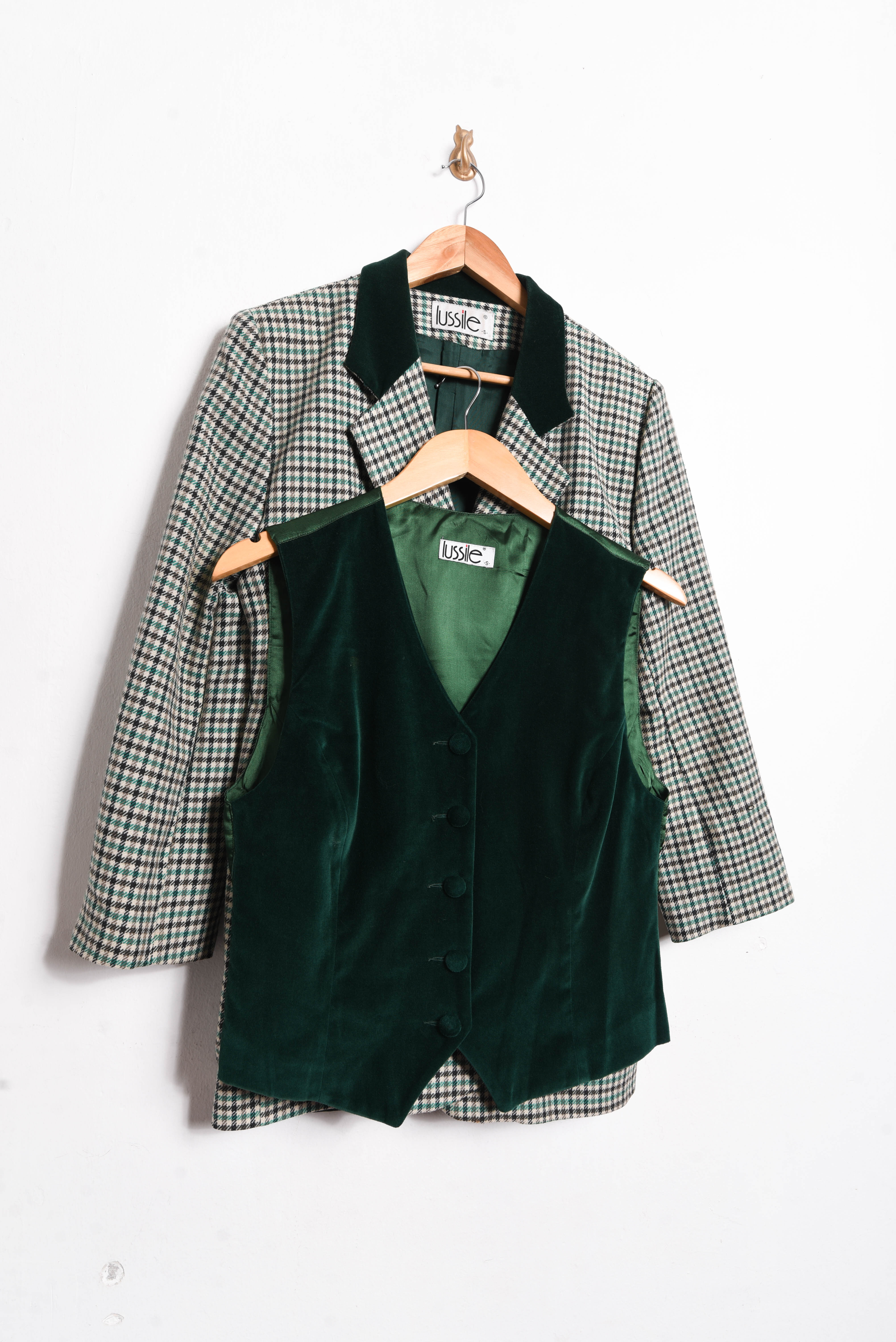 Conjunto blazer + gillet vintage verde y velvet