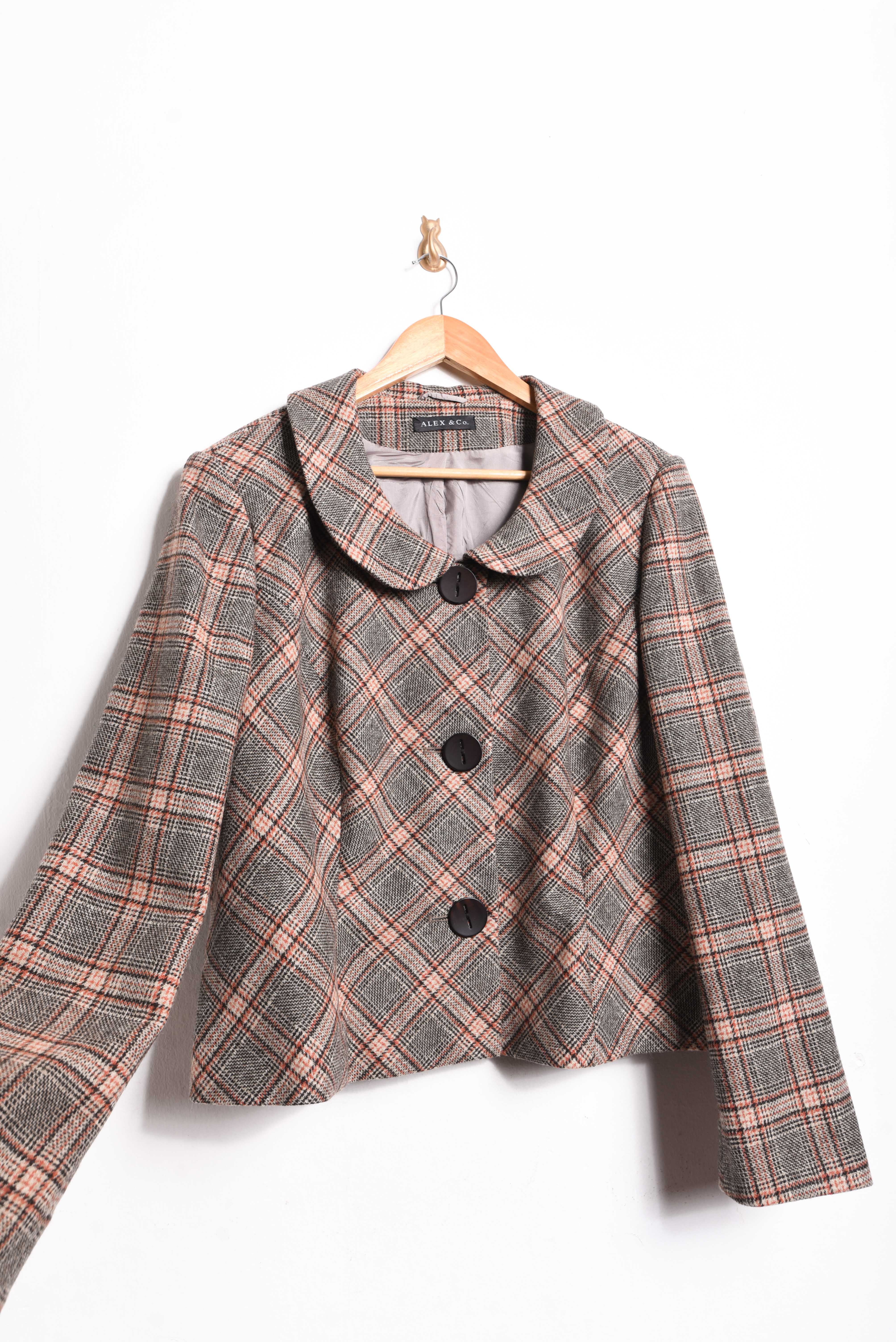 Chaqueta cuello bebé lana café tartán