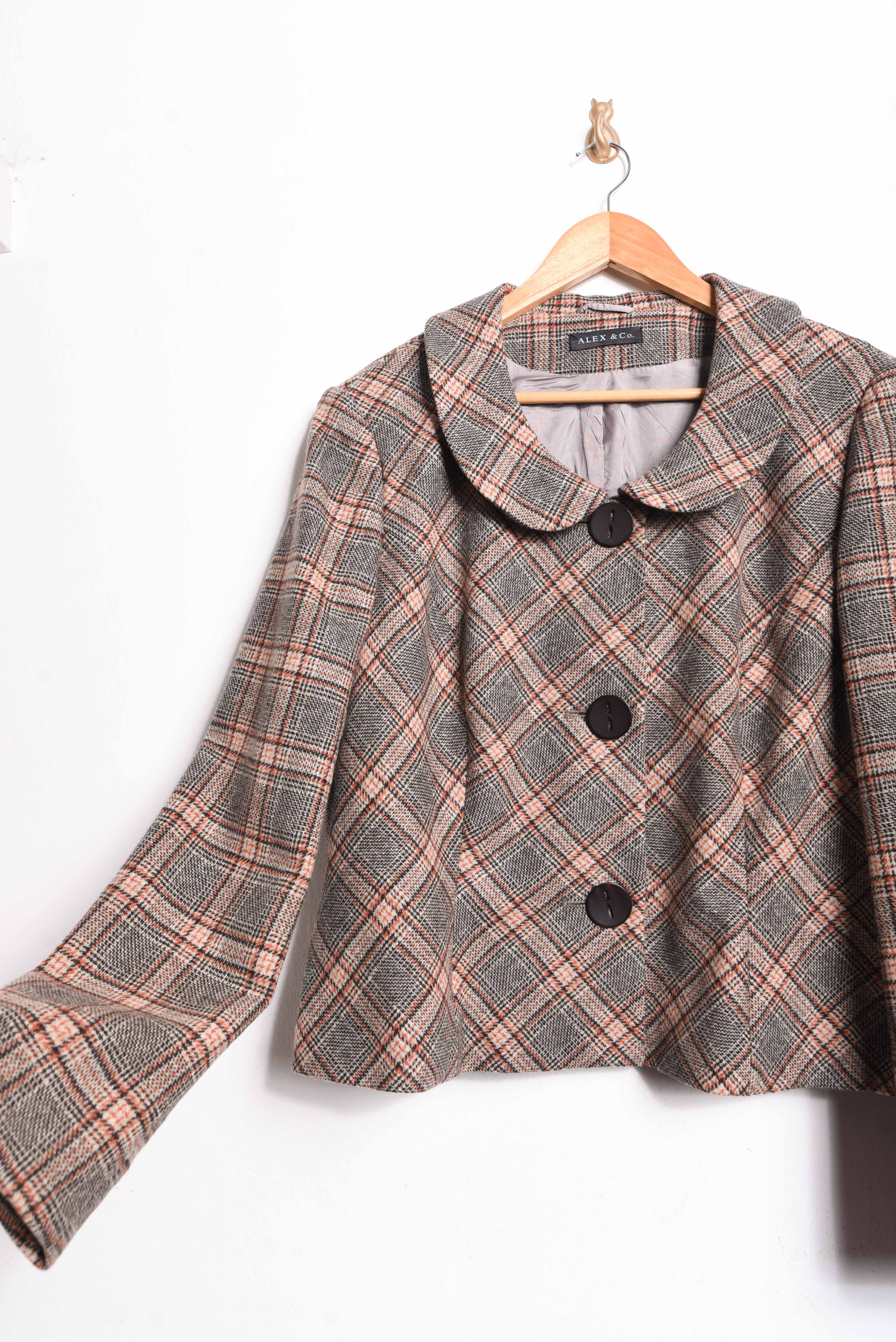Chaqueta cuello bebé lana café tartán