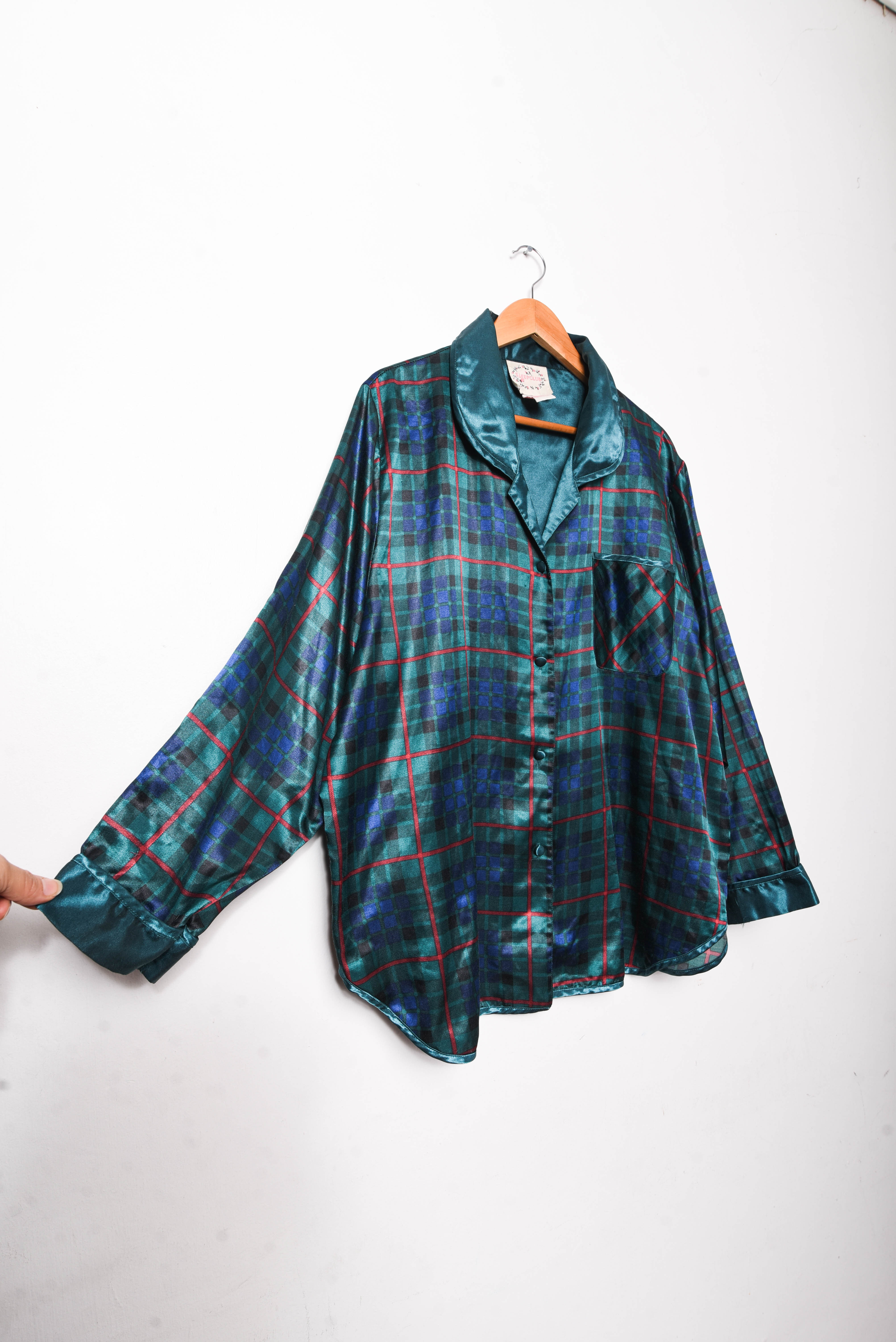 Blusa lencera verde satín tartán