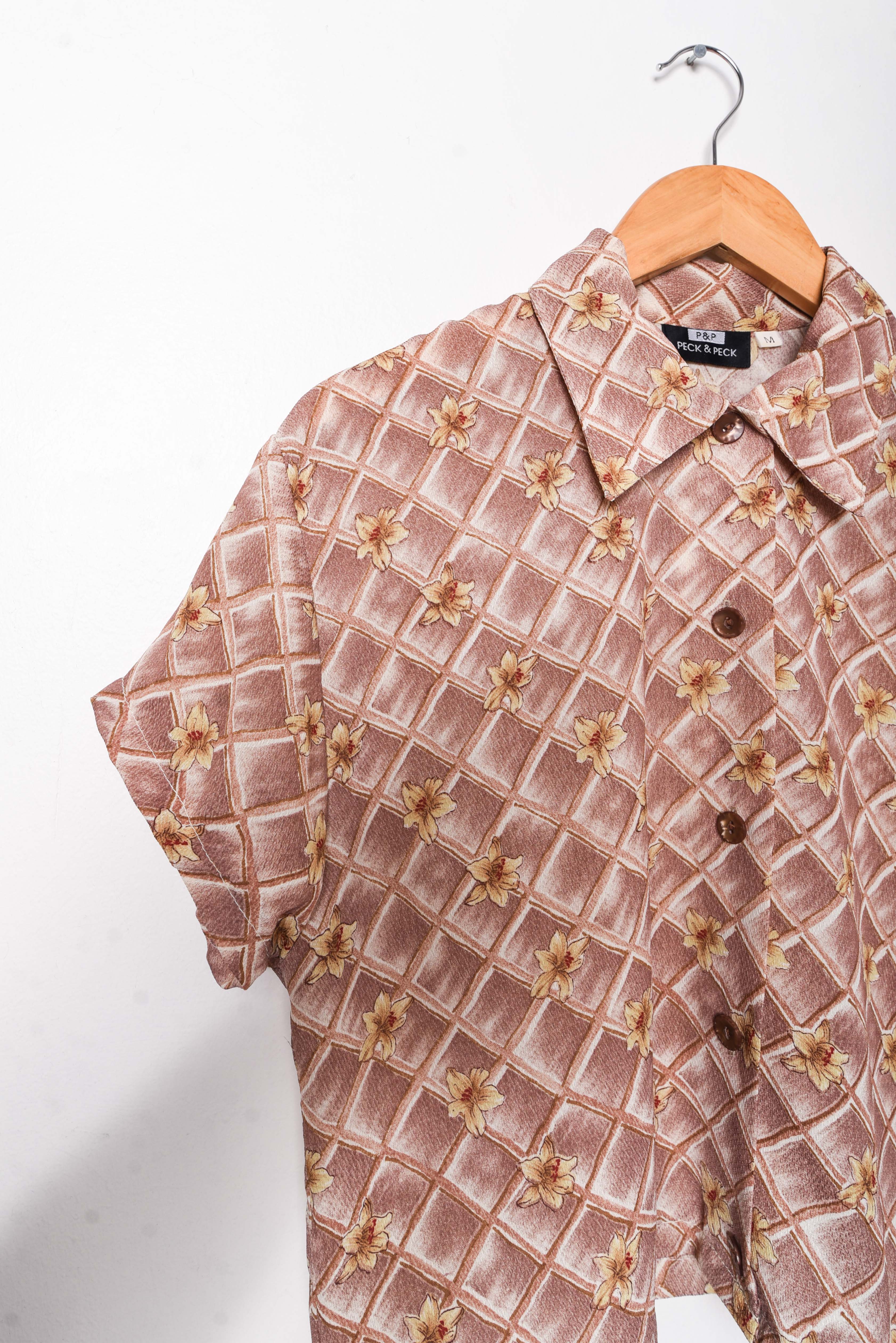 Blusa café vintage crop floral