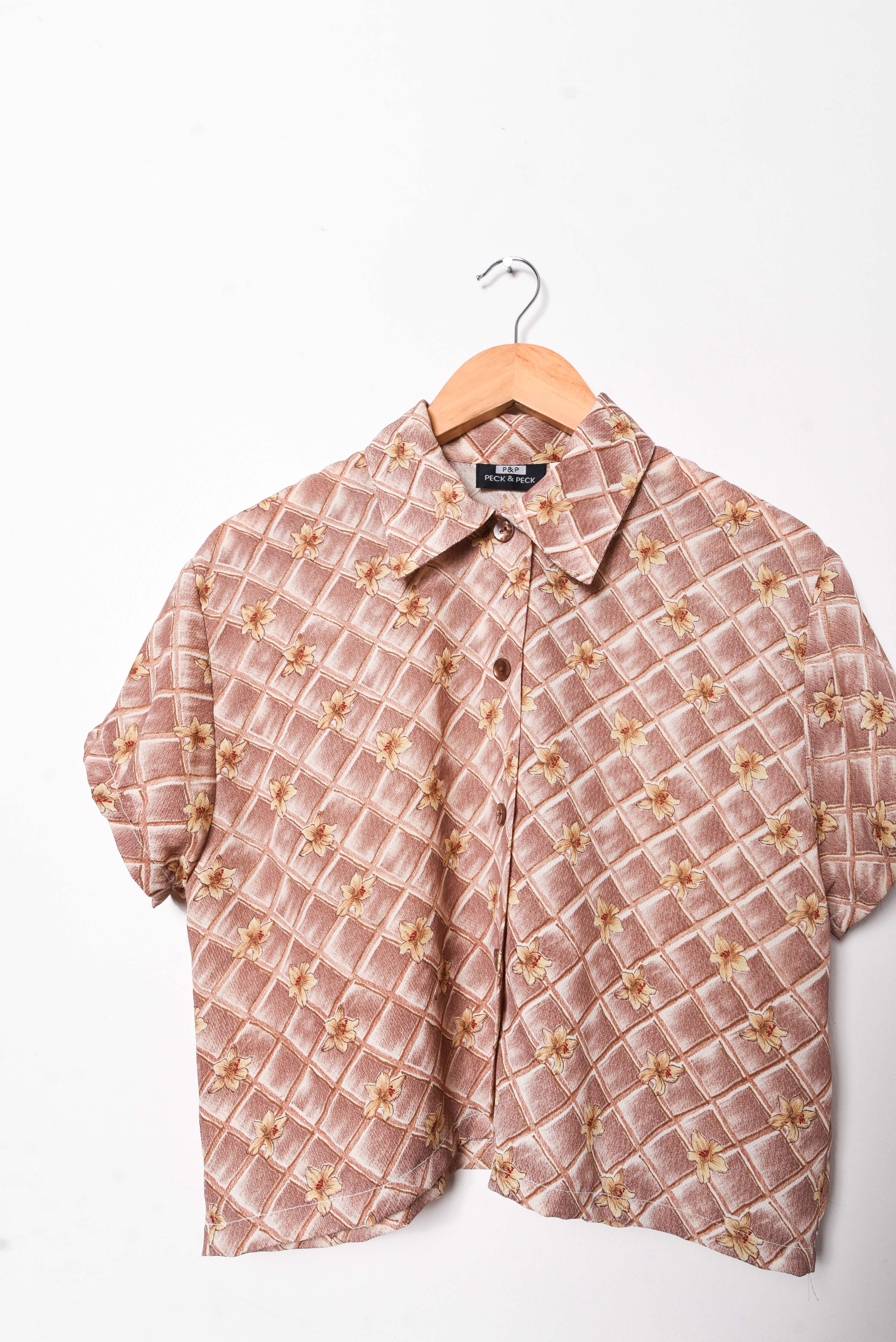 Blusa café vintage crop floral