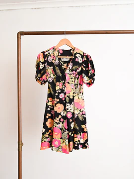 Vestido negro floral California 60s
