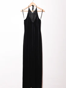 Maxi vestido negro fiesta pedrería 90s