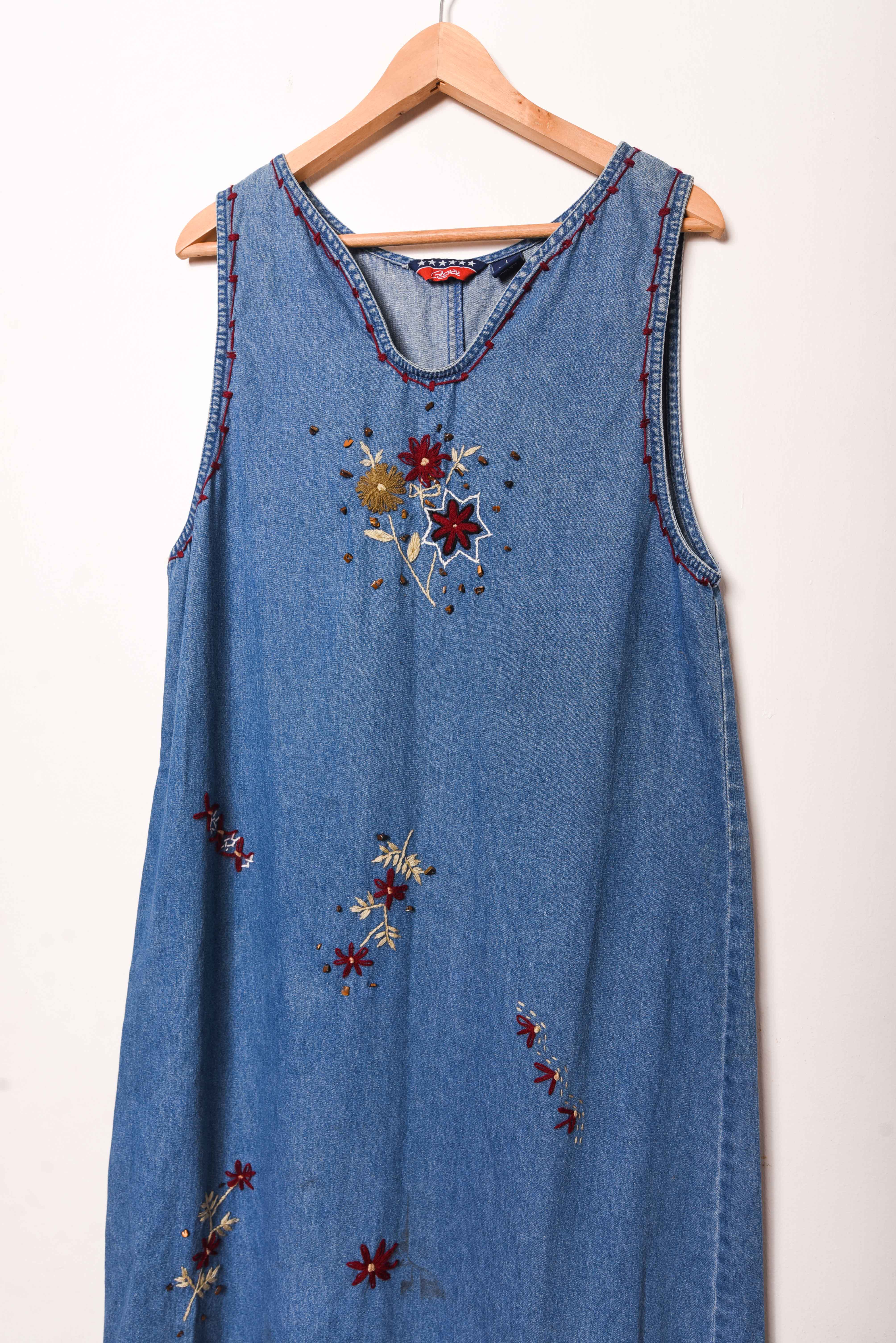 Maxi vestido denim 90s bordado