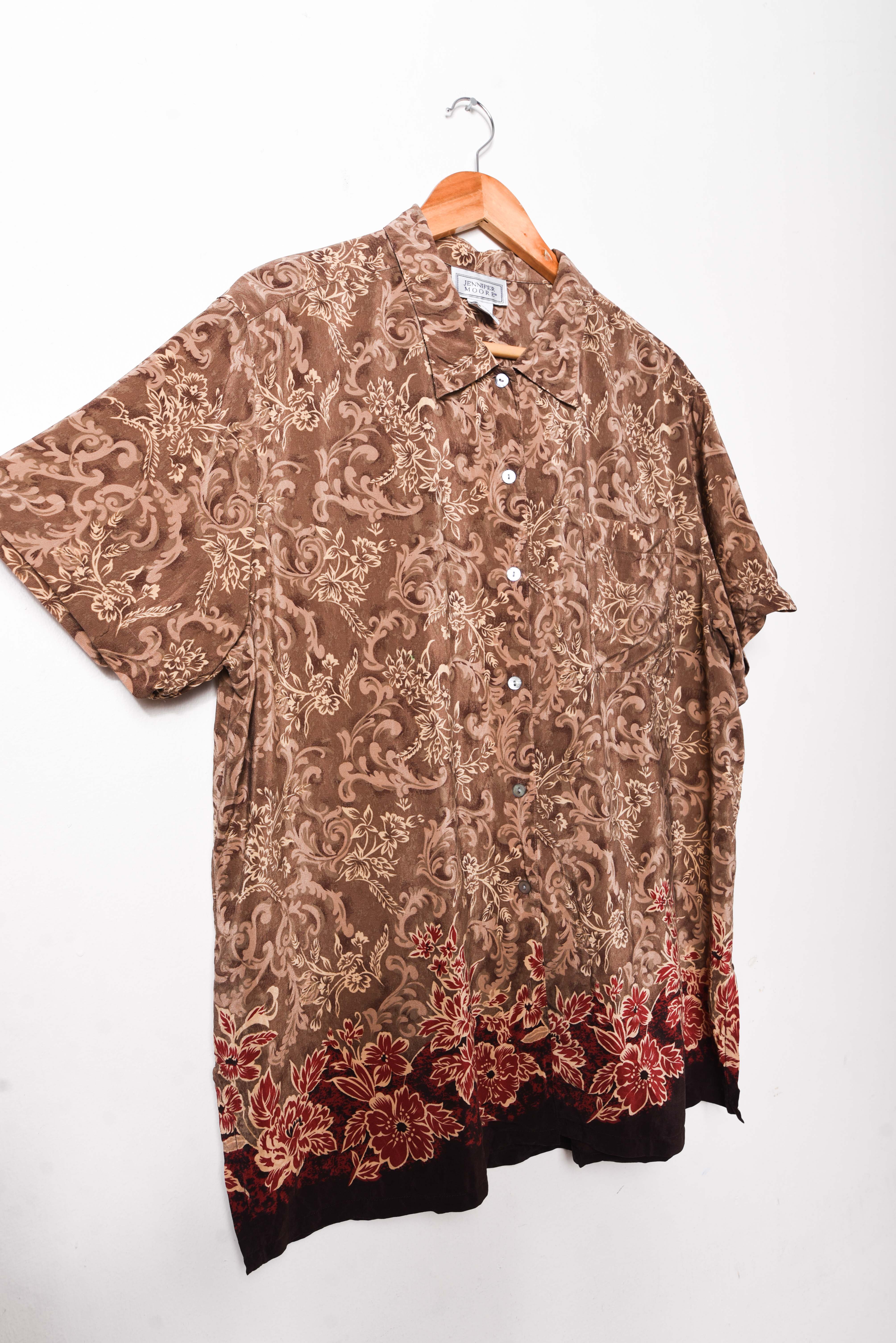 Camisa floral café silk 90s
