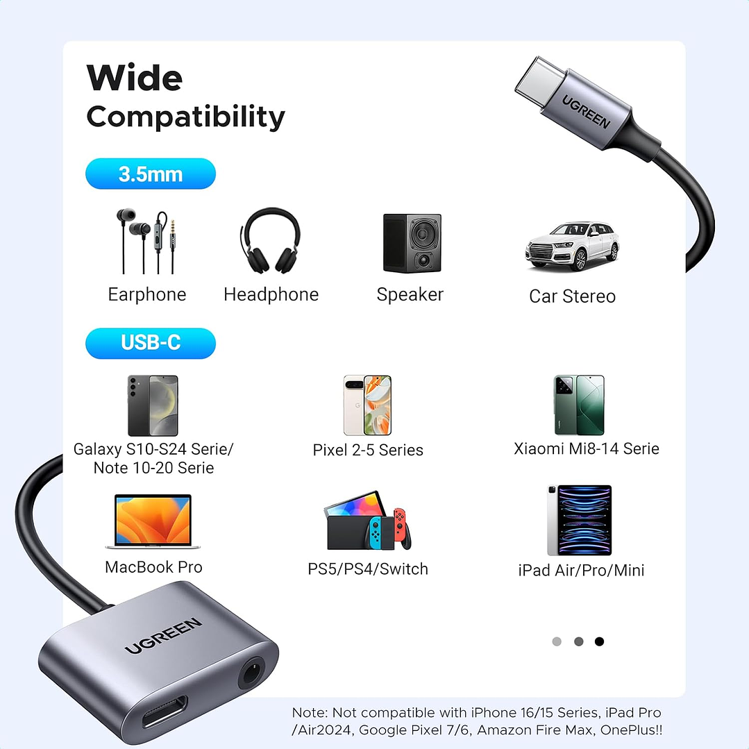 Ugreen Adaptador de Áudio Usb C para 3.5mm com Porta Usb C Suporta Carregamento Pd 3.0 2