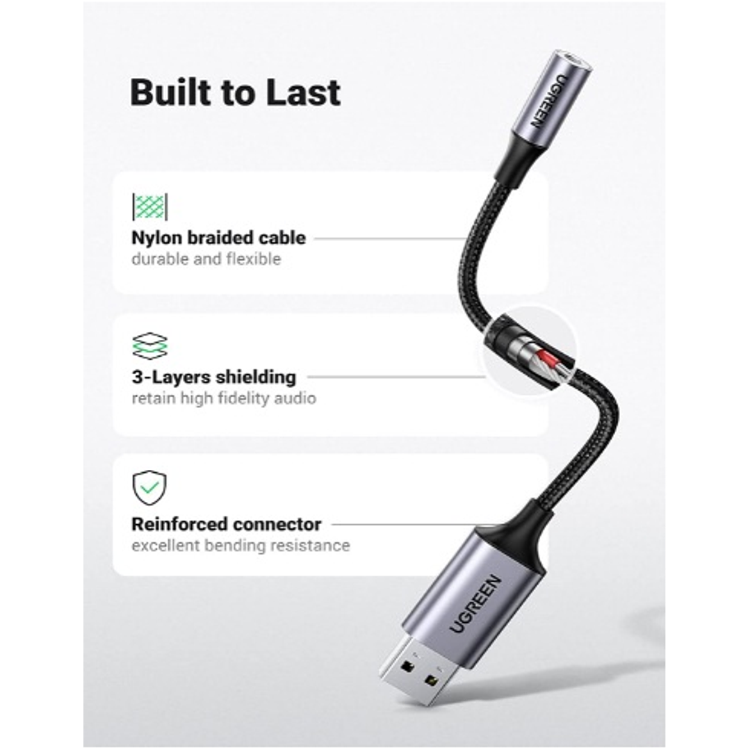 UGREEN USB 2.0 TO 3.5MM AUDIO ADAPTER ALUMINUM ALLOY 25CM 2