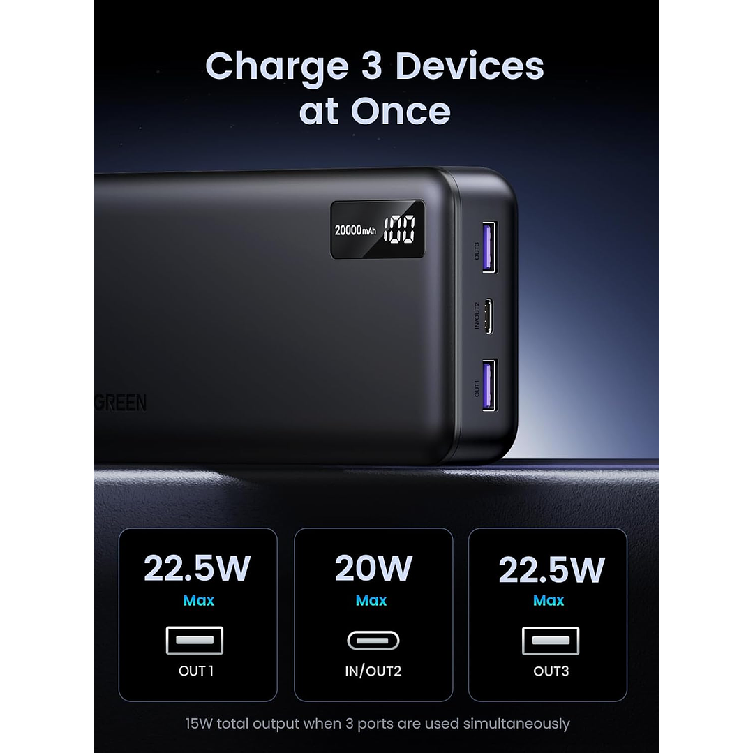 UGREEN Power Bank Portátil  20000mAh -22.5W PD 3.0 Fast Charging Battery 5