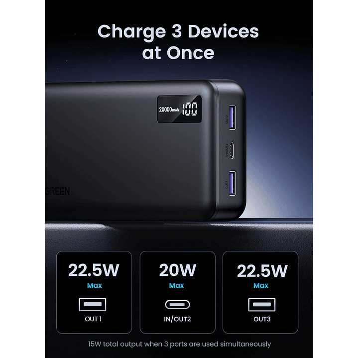UGREEN Power Bank Portátil  20000mAh -22.5W PD 3.0 Fast Charging Battery 5
