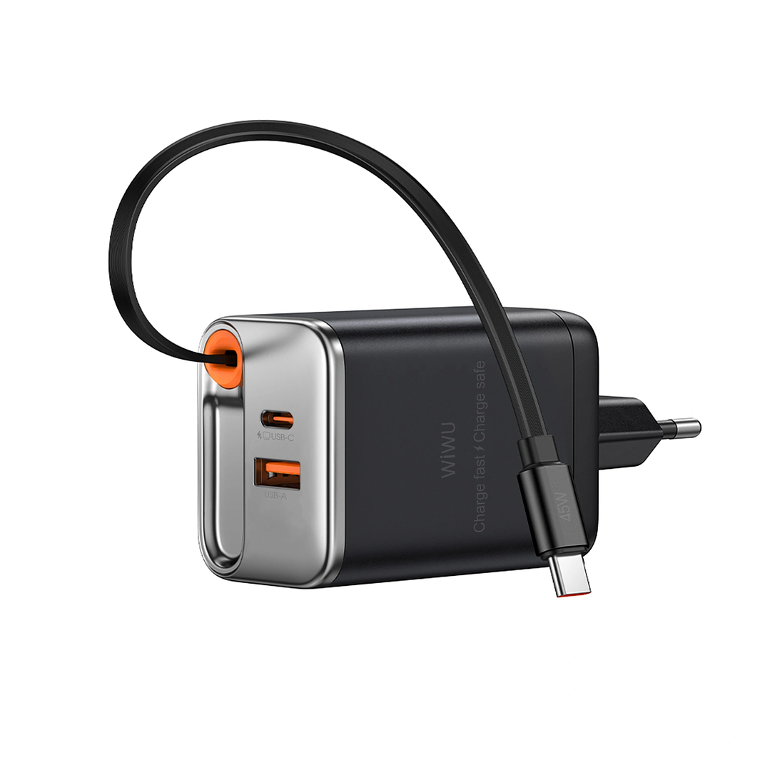 WIWU Wi-G020 67W GaN Charger with Retractable Type-C & Dual USB-C/A 1