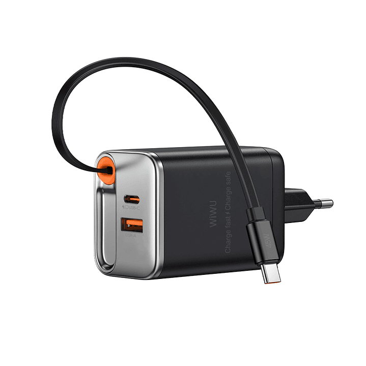 WIWU Wi-G020 67W GaN Charger with Retractable Type-C & Dual USB-C/A 1