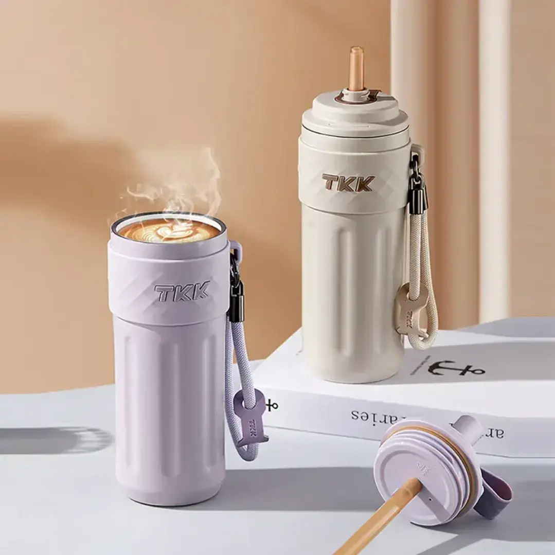 Copo de viagem de 500ml forro de cerâmica com tampa de palha TKK-2035  3