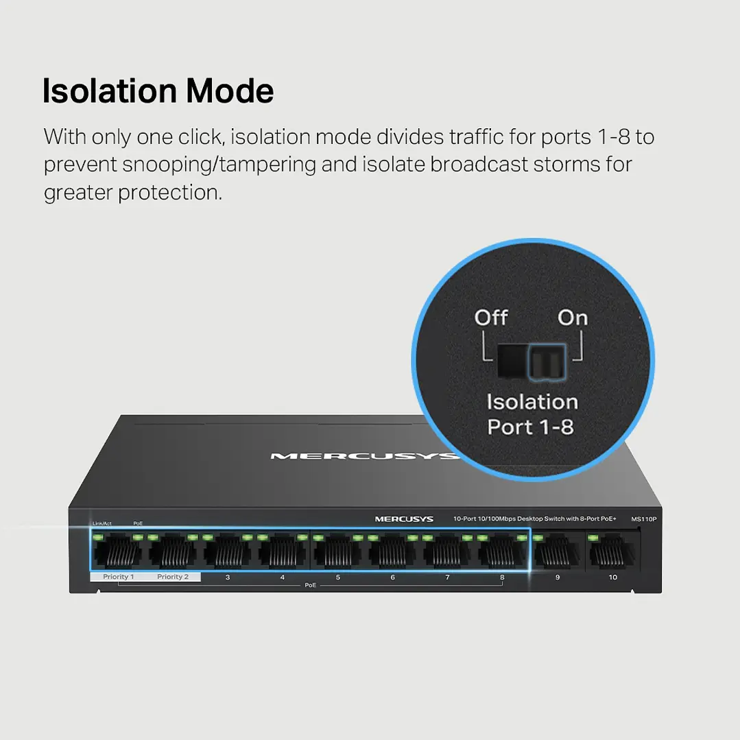 Mercusys MS110P 10-Port 10/100Mbps Desktop Switch with 8-Port PoE+ 7