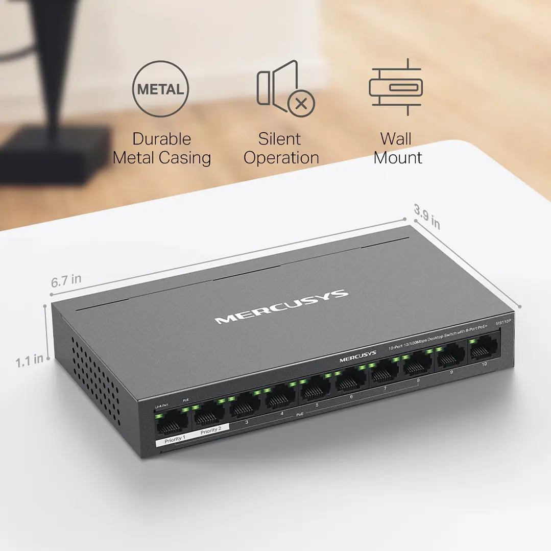 Mercusys MS110P 10-Port 10/100Mbps Desktop Switch with 8-Port PoE+ 10