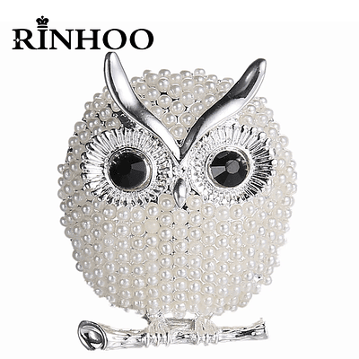 Rinhoo Fashion Delicate Owl Brooches Full Imitation Pearls Rhinestone Enamel Bird Lapel Pins Cute Animal Corsage Badge Jewelry