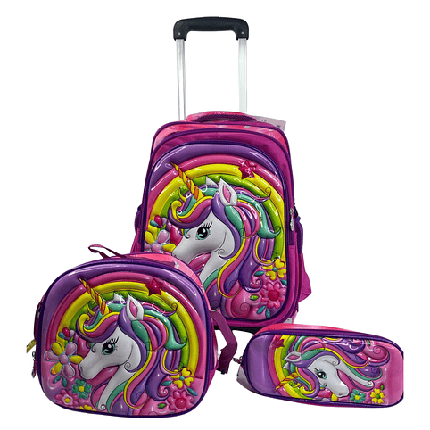 Mochila Con Ruedas + Lonchera + Estuche Niña 33