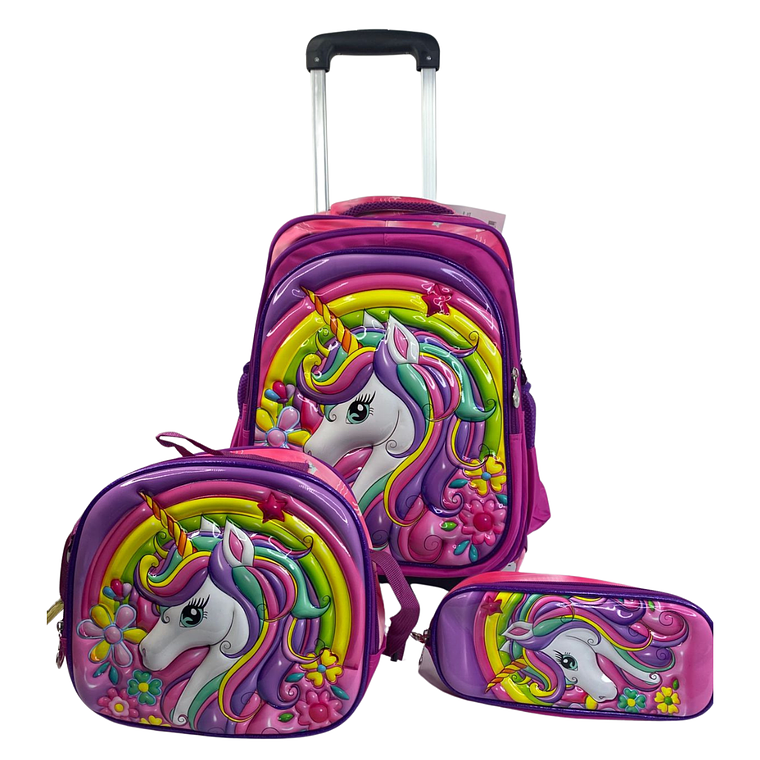 Mochila Con Ruedas + Lonchera + Estuche Niña 33