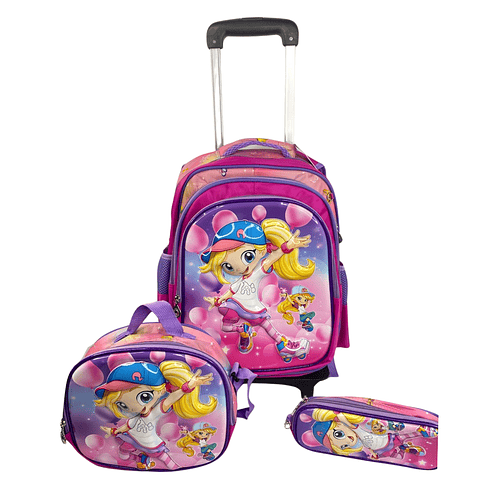 Mochila Con Ruedas + Lonchera + Estuche Niña 13