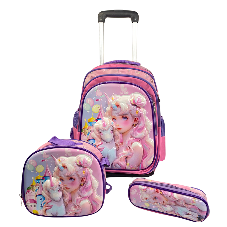 Mochila Con Ruedas + Lonchera + Estuche Niña 16