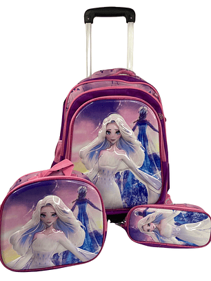 Mochila Con Ruedas + Lonchera + Estuche Niña