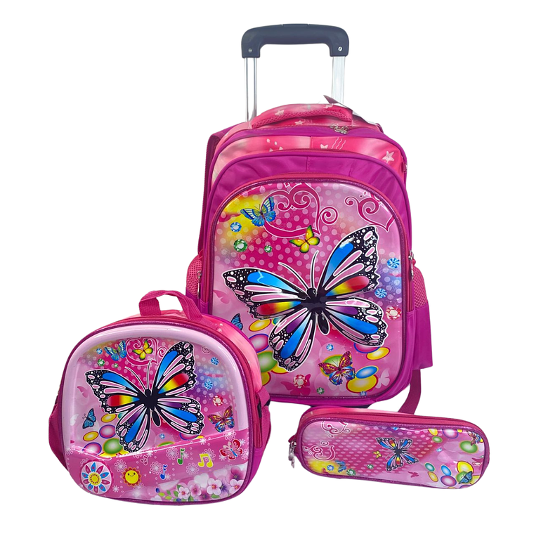 Mochila Con Ruedas + Lonchera + Estuche Niña 25